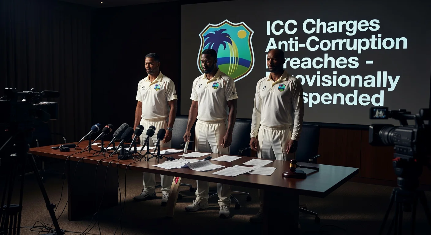 Illustration of West Indies cricketer and officials charged by ICC with anti-corruption breaches, shown in a tense press conference.