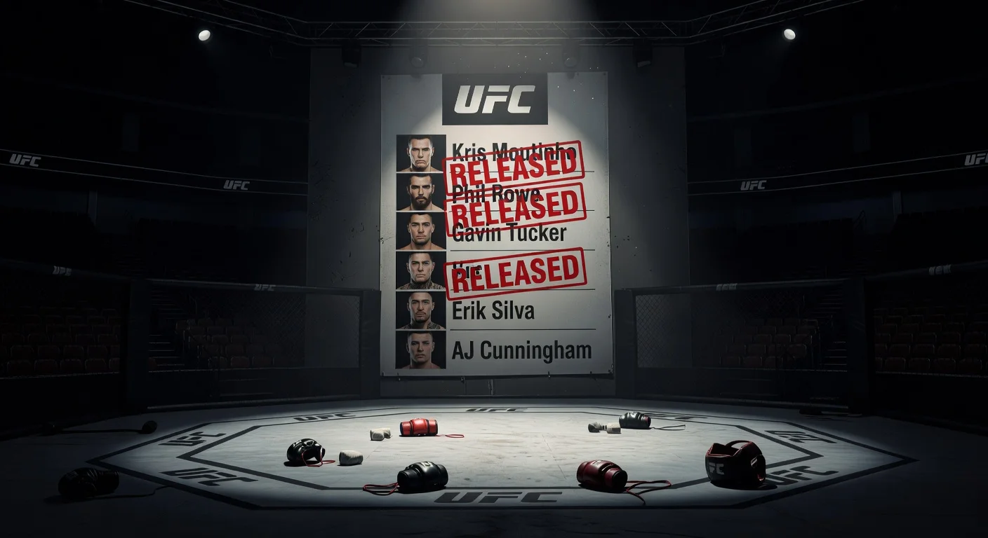 Realistic illustration of UFC roster board with released fighters Kris Moutinho, Phil Rowe, Gavin Tucker, Erik Silva, and AJ Cunningham stamped 'RELEASED' in an empty arena.