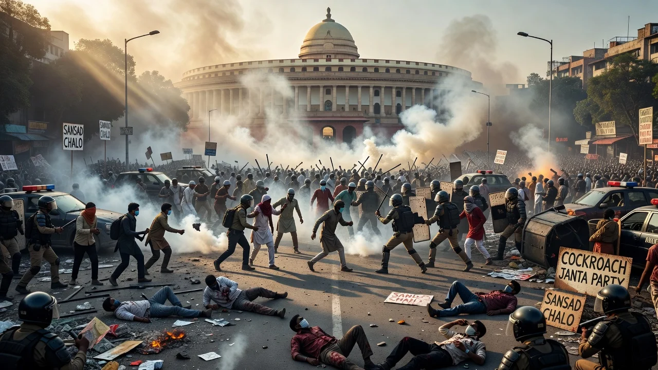 Clashes between protesters and police during a violent march to Parliament in Delhi, with injured officers.