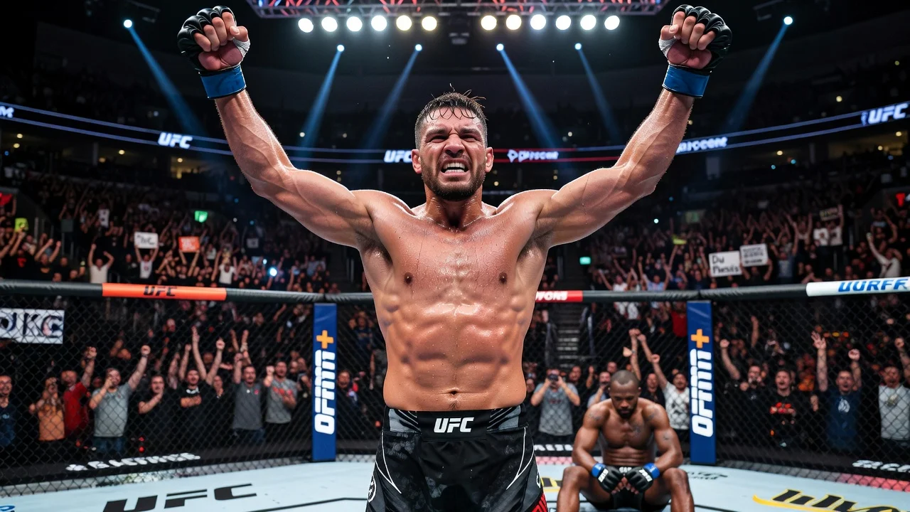 Dricus Du Plessis celebrating his victory over Kamaru Usman in the UFC octagon at Oklahoma City.