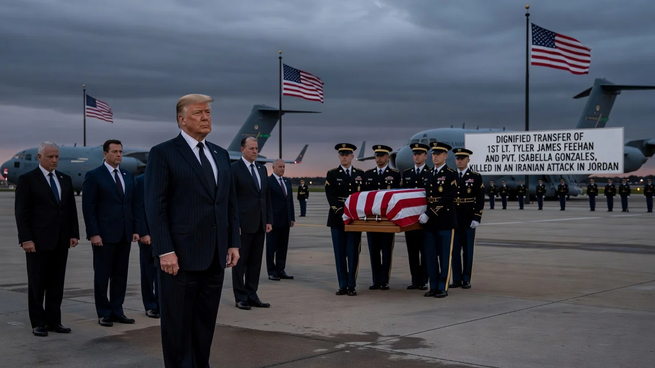 President Trump attending the dignified transfer of two fallen soldiers' remains with flag-draped coffins and military honor guard.