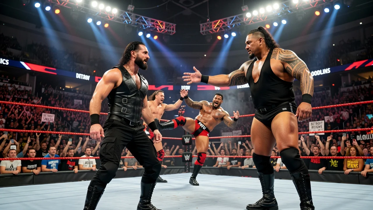 WWE wrestlers Seth Rollins and Solo Sikoa in the ring during a Raw episode, with an alliance offer and action pose.