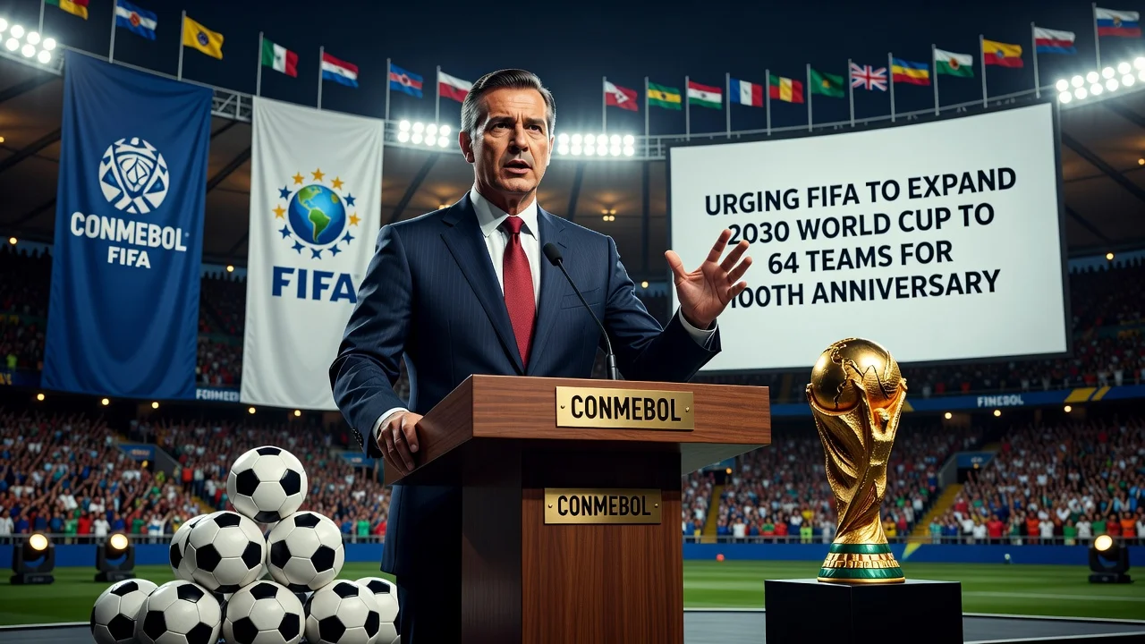 Conmebol president Alejandro Dominguez advocating for expanding the 2030 World Cup to 64 teams.