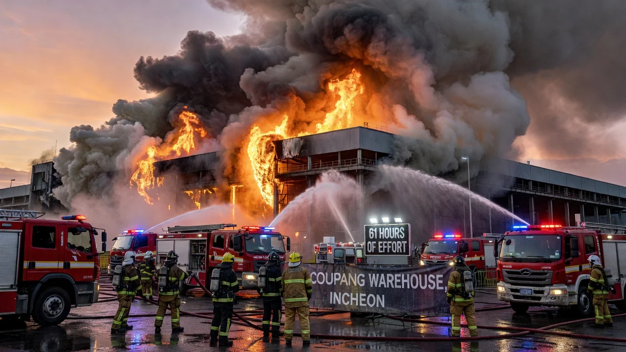 Firefighters controlling a massive warehouse fire in Incheon after 61 hours.