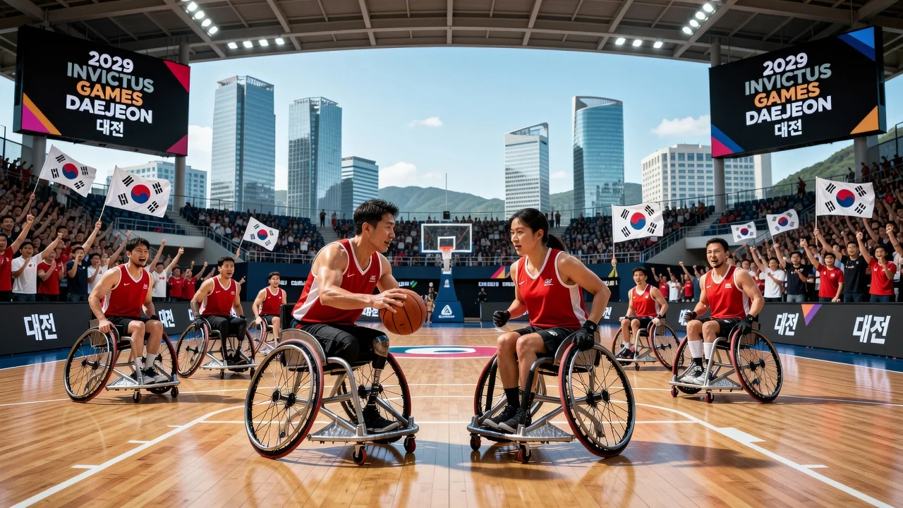 Illustration of veterans participating in the Invictus Games in Daejeon stadium