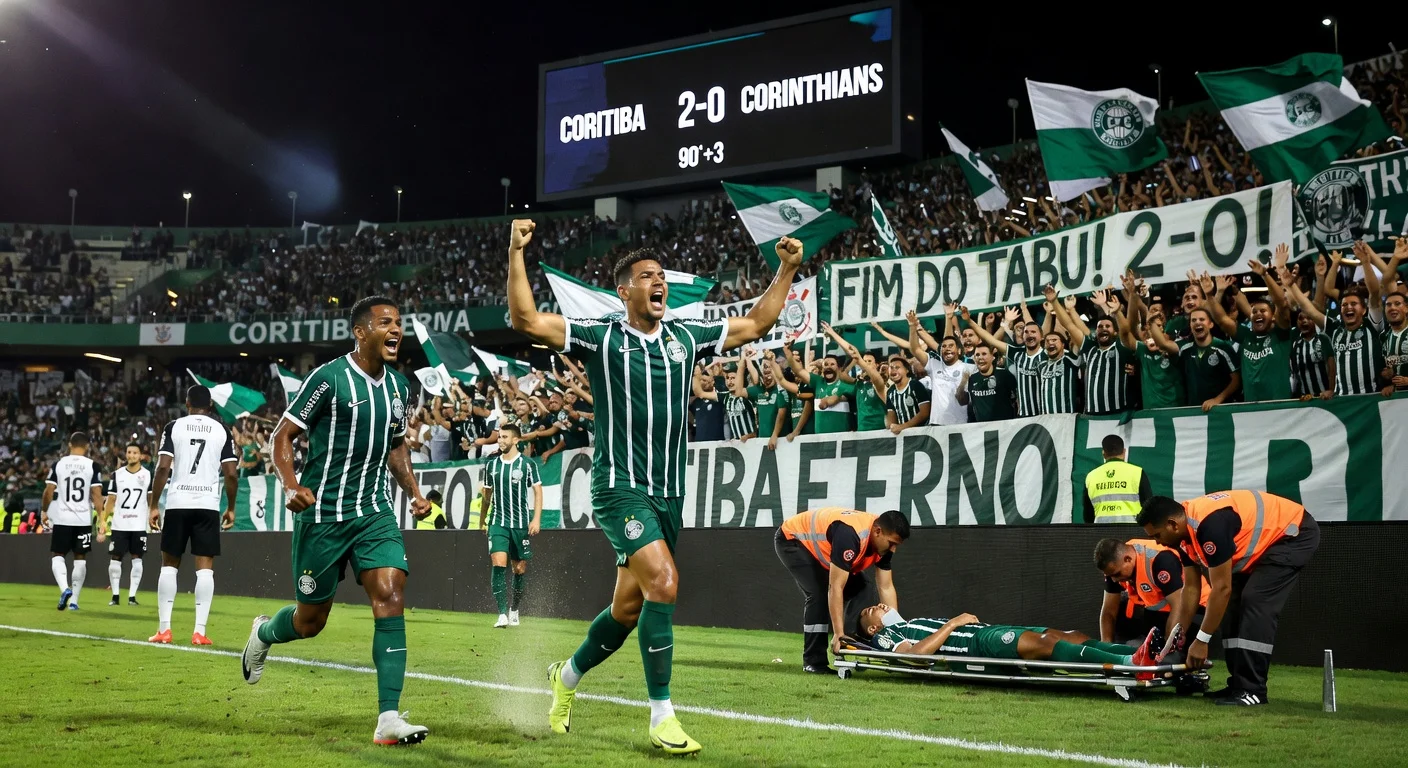 Coritiba players celebrate 2-0 win over Corinthians at Neo Química Arena, with Lucas Ronier joyful and injured Jacy on stretcher amid cheering fans.