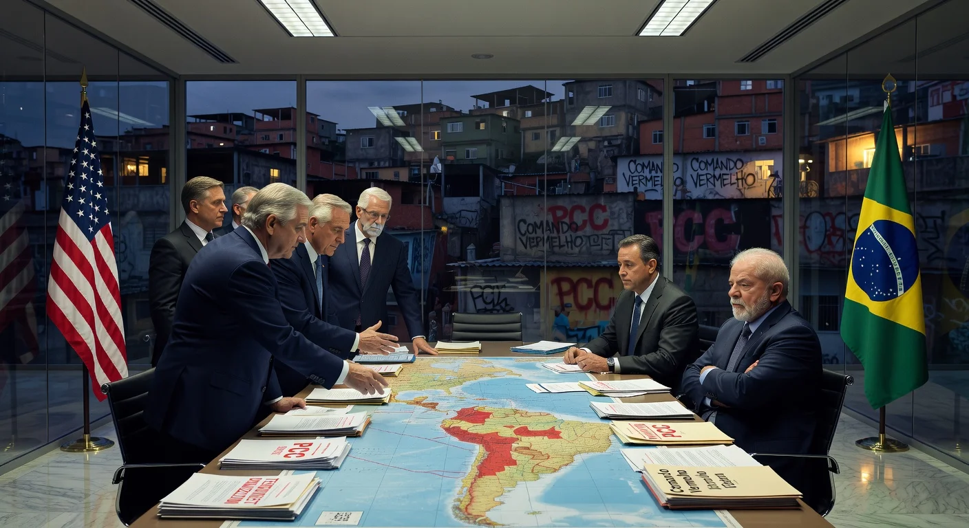Illustration depicting US-Brazil tensions over classifying PCC and Comando Vermelho as terrorist groups, with diplomats, stamps, and maps.