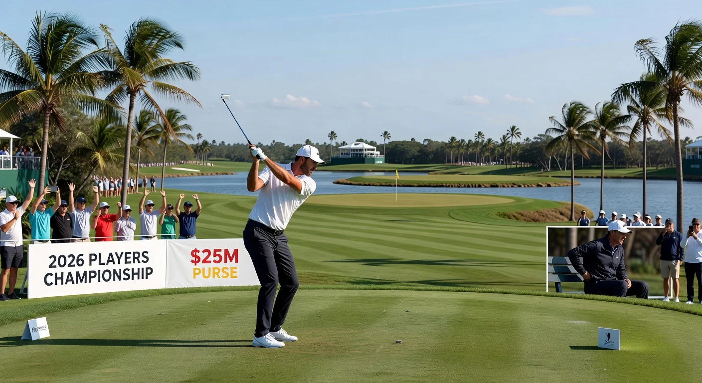 Scottie Scheffler tees off as favorite at the 2026 Players Championship at TPC Sawgrass, with crowds and tournament banners.