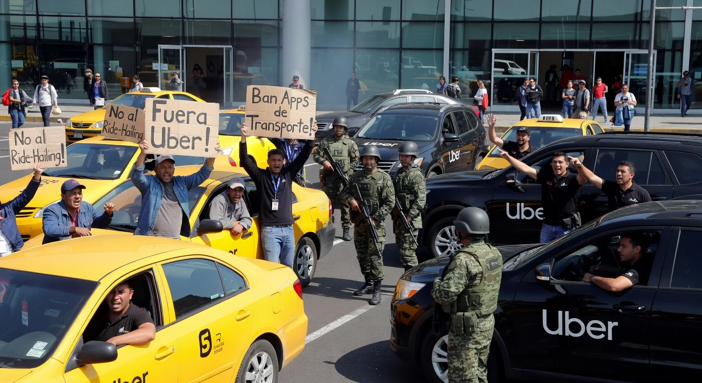 Tense protest at Mexico City airport: taxi drivers block roads against Uber, National Guard stops ride-hailing vehicles amid court order dispute.