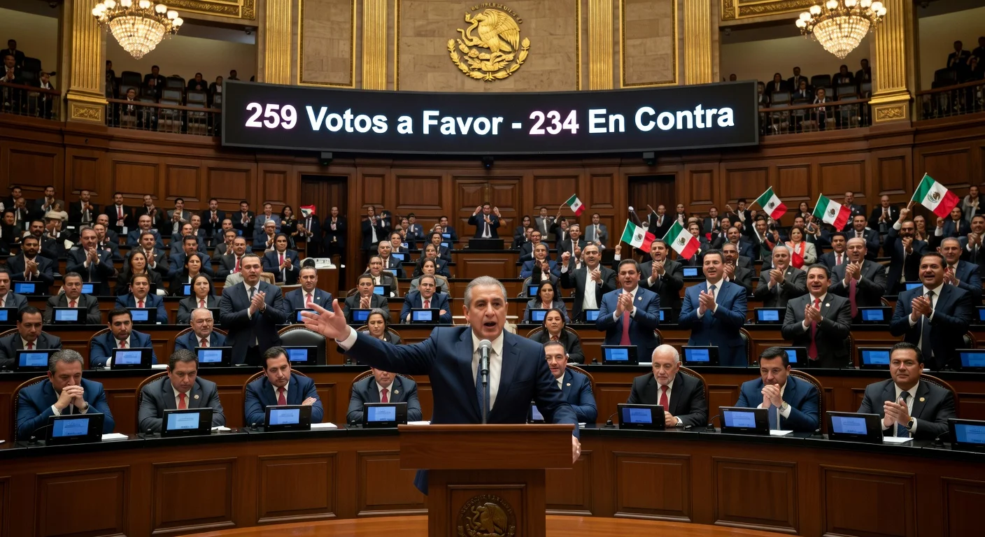 Dramatic illustration of Mexico's Chamber of Deputies rejecting Sheinbaum's electoral reform 259-234, with Morena's Ricardo Monreal announcing Plan B.