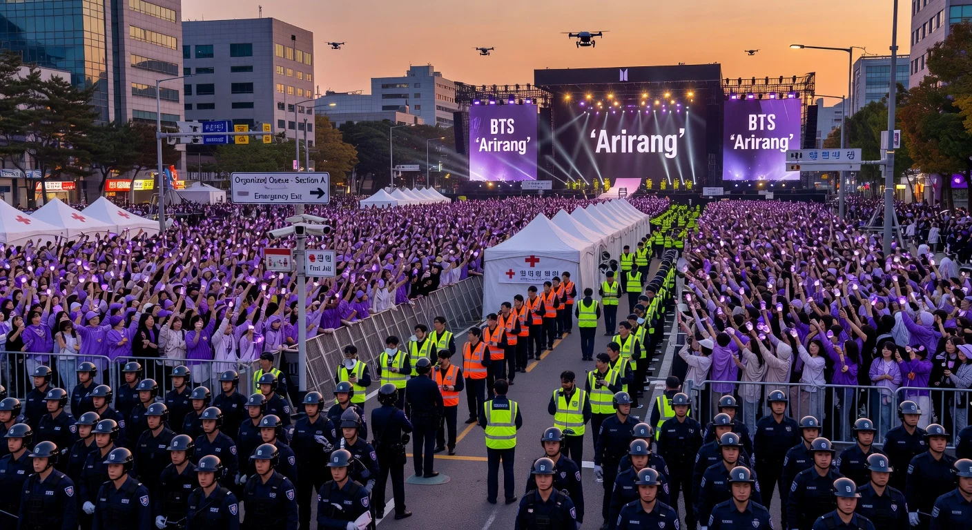 Security forces deploy in central Seoul for BTS's 2026 comeback concert, ensuring safety for 260,000 fans amid heightened measures.