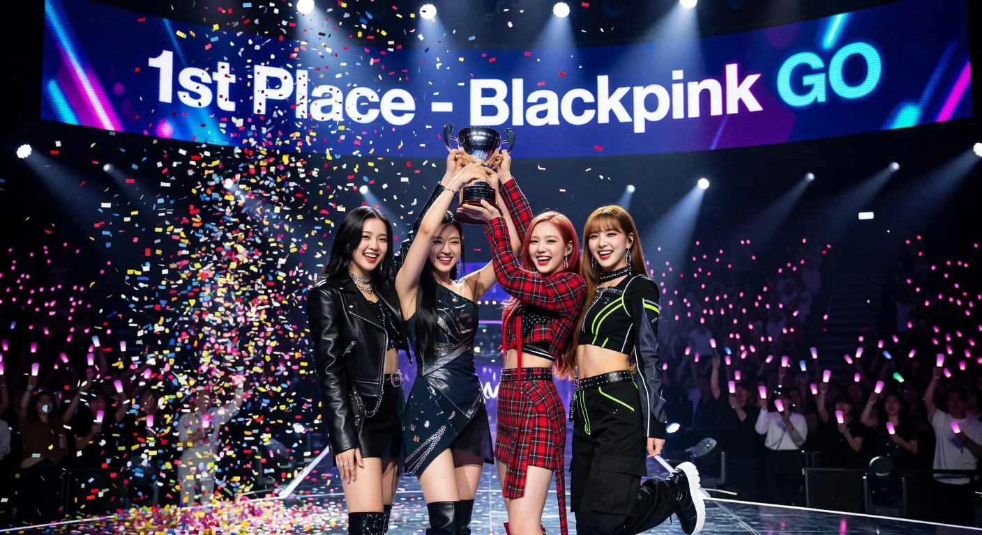 Blackpink celebrating their first Show Champion win for 'GO' on stage with trophy and confetti.