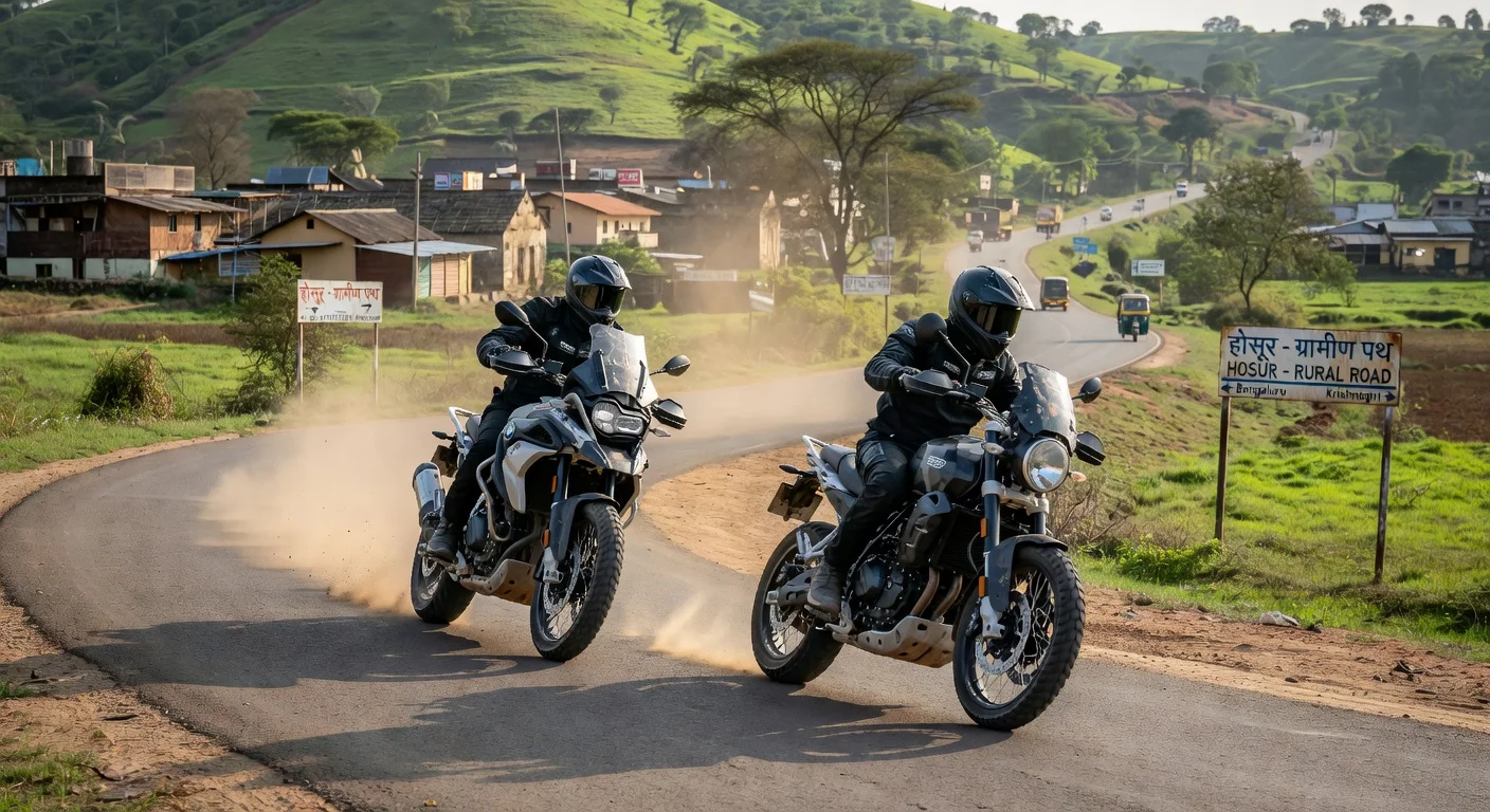 Spy shot of BMW F 450 GS and Norton Atlas GT motorcycles testing on Indian roads amid launch delays.