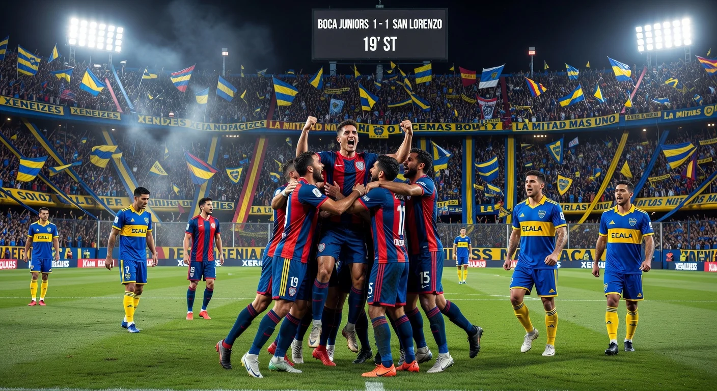 Dramatic moment of San Lorenzo's equalizer in 1-1 draw against Boca Juniors at packed La Bombonera stadium.