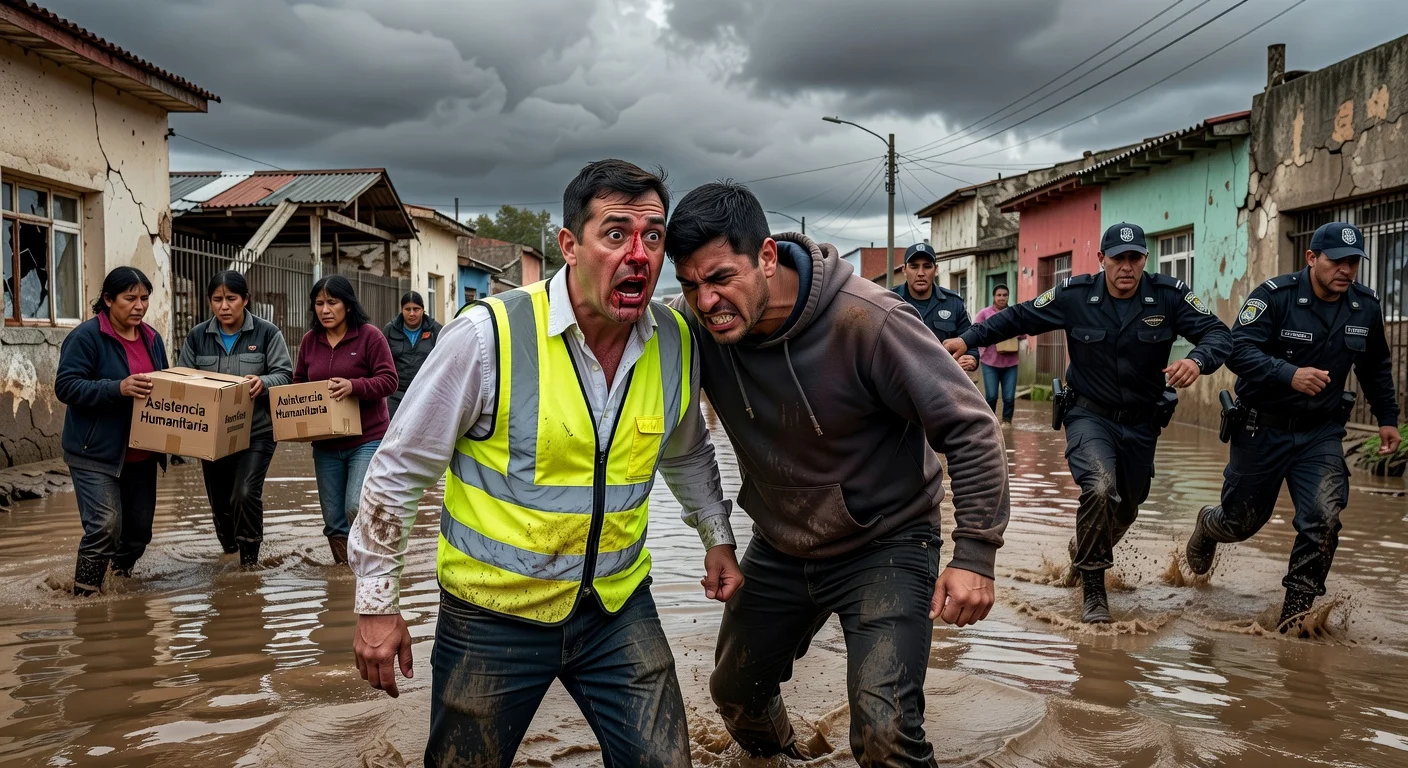 Illustration of La Libertad Avanza deputy Federico Pelli being headbutted by an aggressor during flood aid efforts in Tucumán.