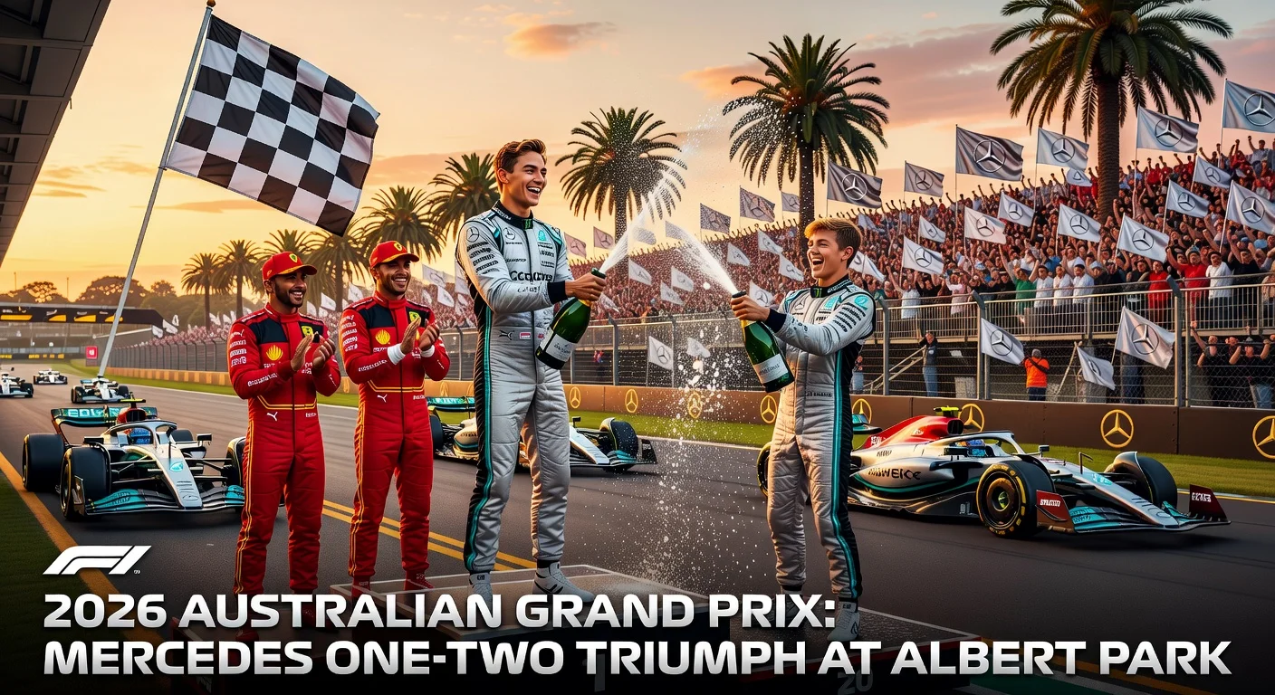 Mercedes' George Russell and Kimi Antonelli celebrate one-two podium finish at the 2026 Australian Grand Prix in Melbourne.