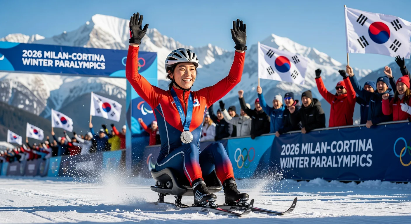 Kim Yun-ji of South Korea celebrates her silver medal and record third medal in para cross-country skiing at the 2026 Winter Paralympics.