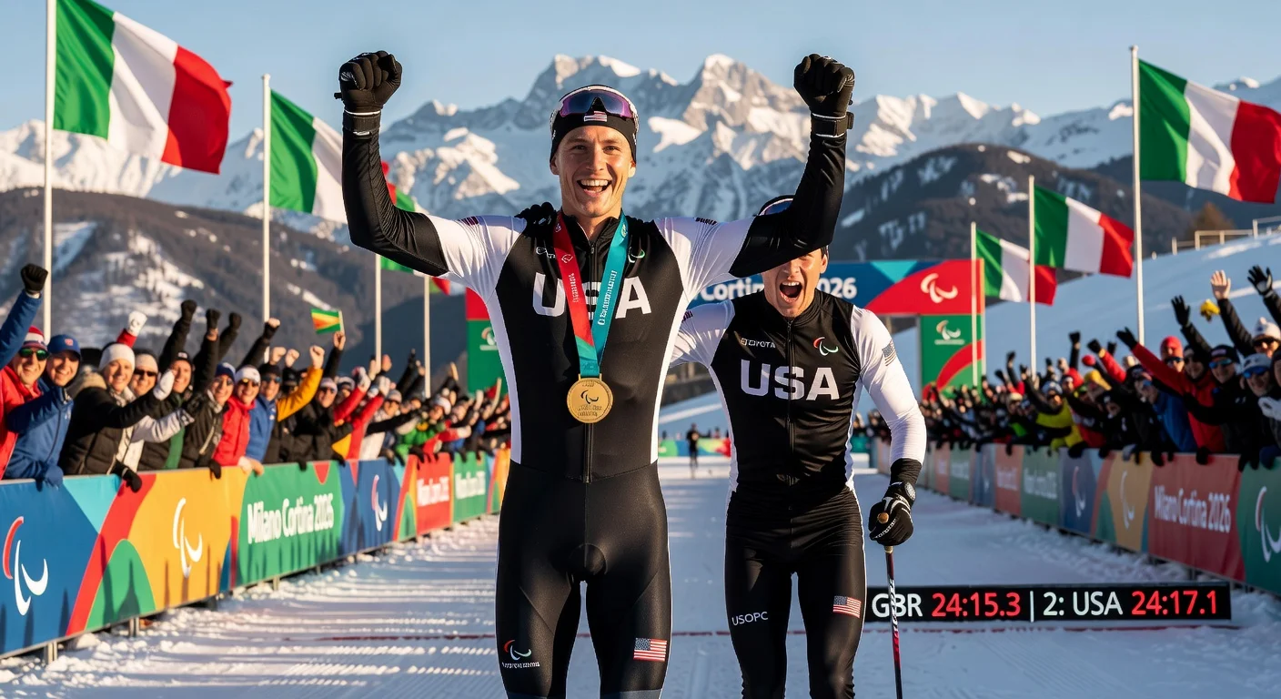Jake Adicoff and guide Reid Goble celebrate second Paralympic gold in 10km visually impaired ski race at Milan Cortina 2026.
