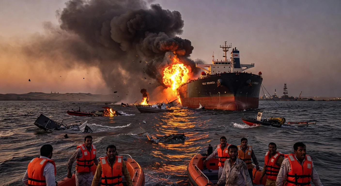 Dramatic illustration of Iranian suicide boat attack on US oil tanker near Iraq's Basra port, showing explosion, smoke, and evacuating Indian crew.