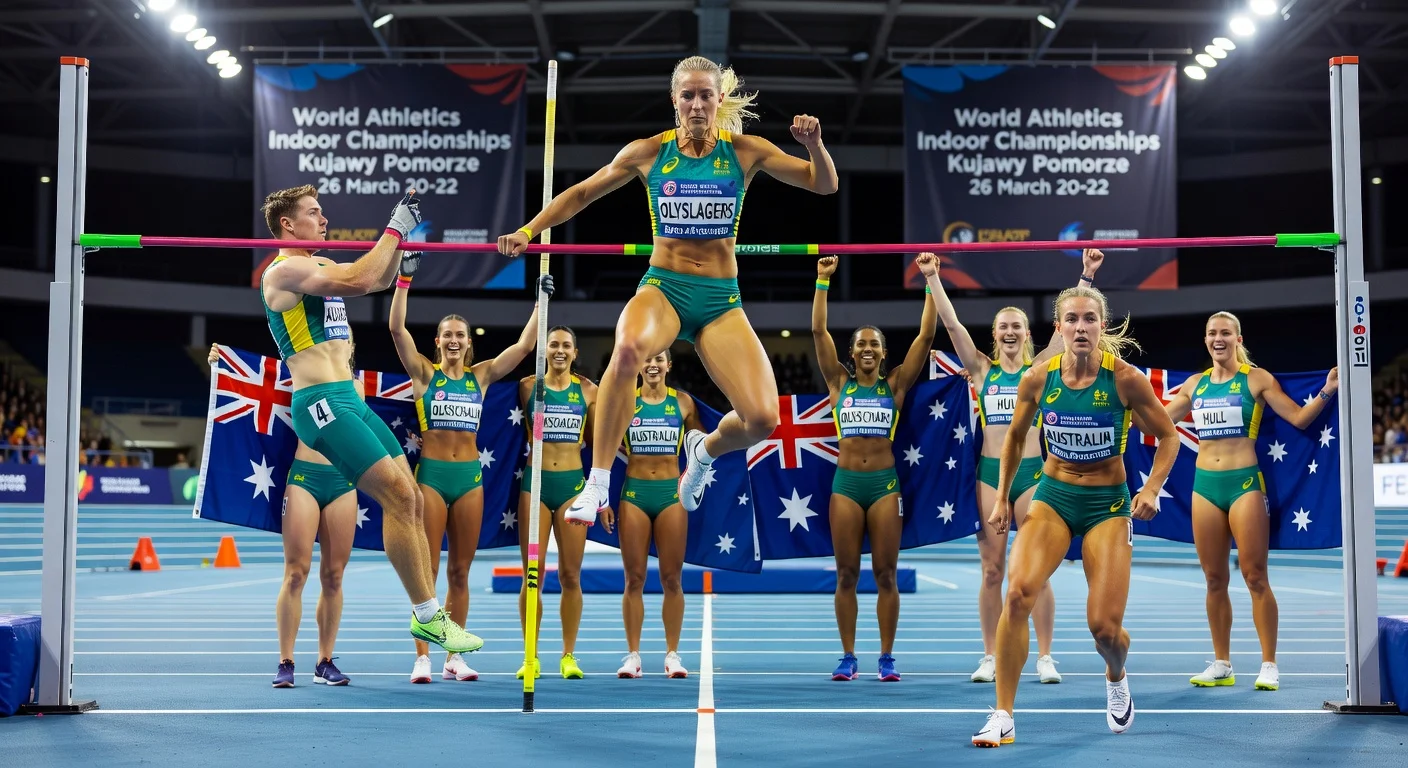 Australian athletics team, led by high jump star Nicola Olyslagers, posing confidently for World Indoor Championships in Poland.