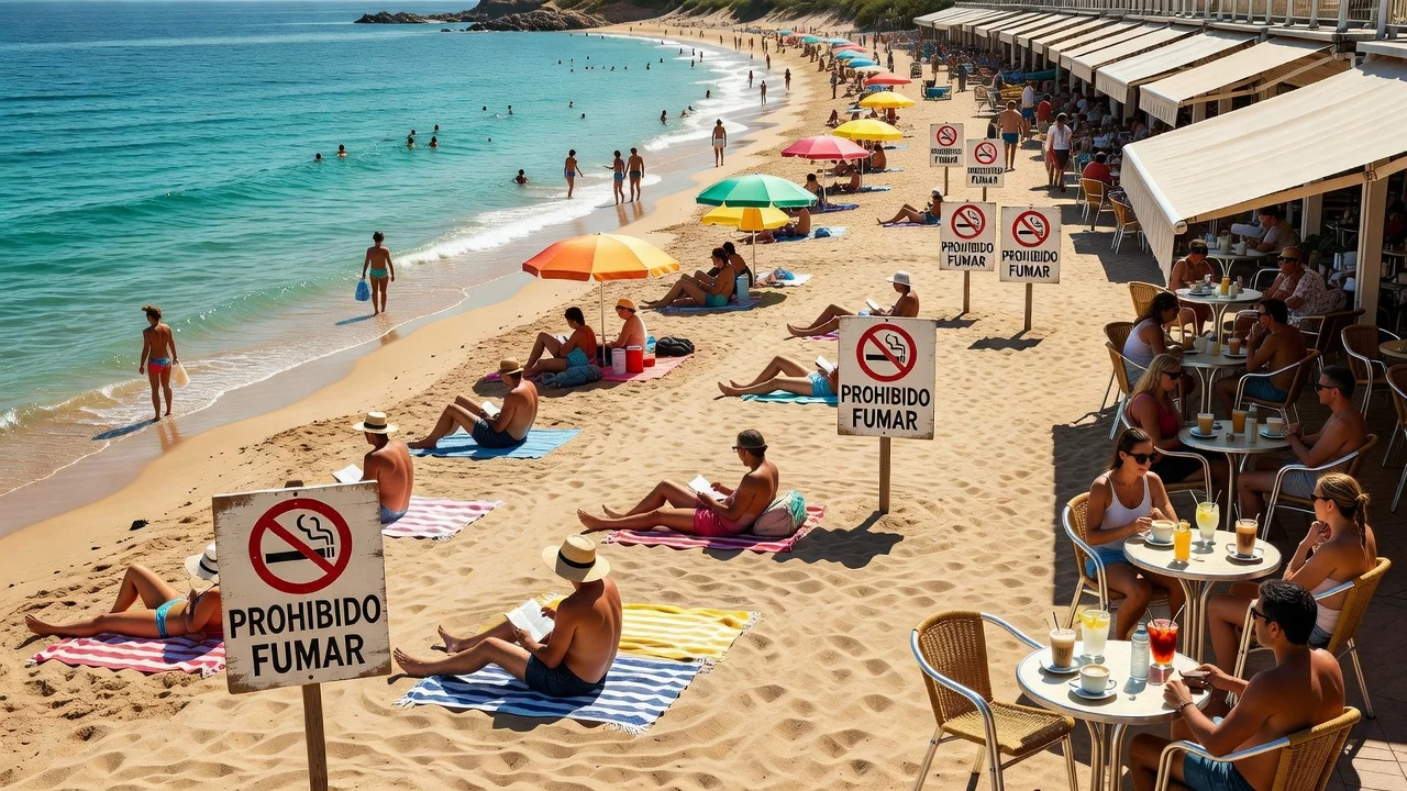 Beach and terrace scene with no-smoking signs illustrating Spain's new tobacco ban