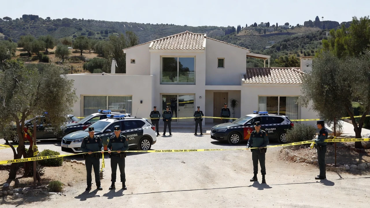 Civil Guard officers at a crime scene villa in Benahavís investigating a woman's death as possible machista violence.