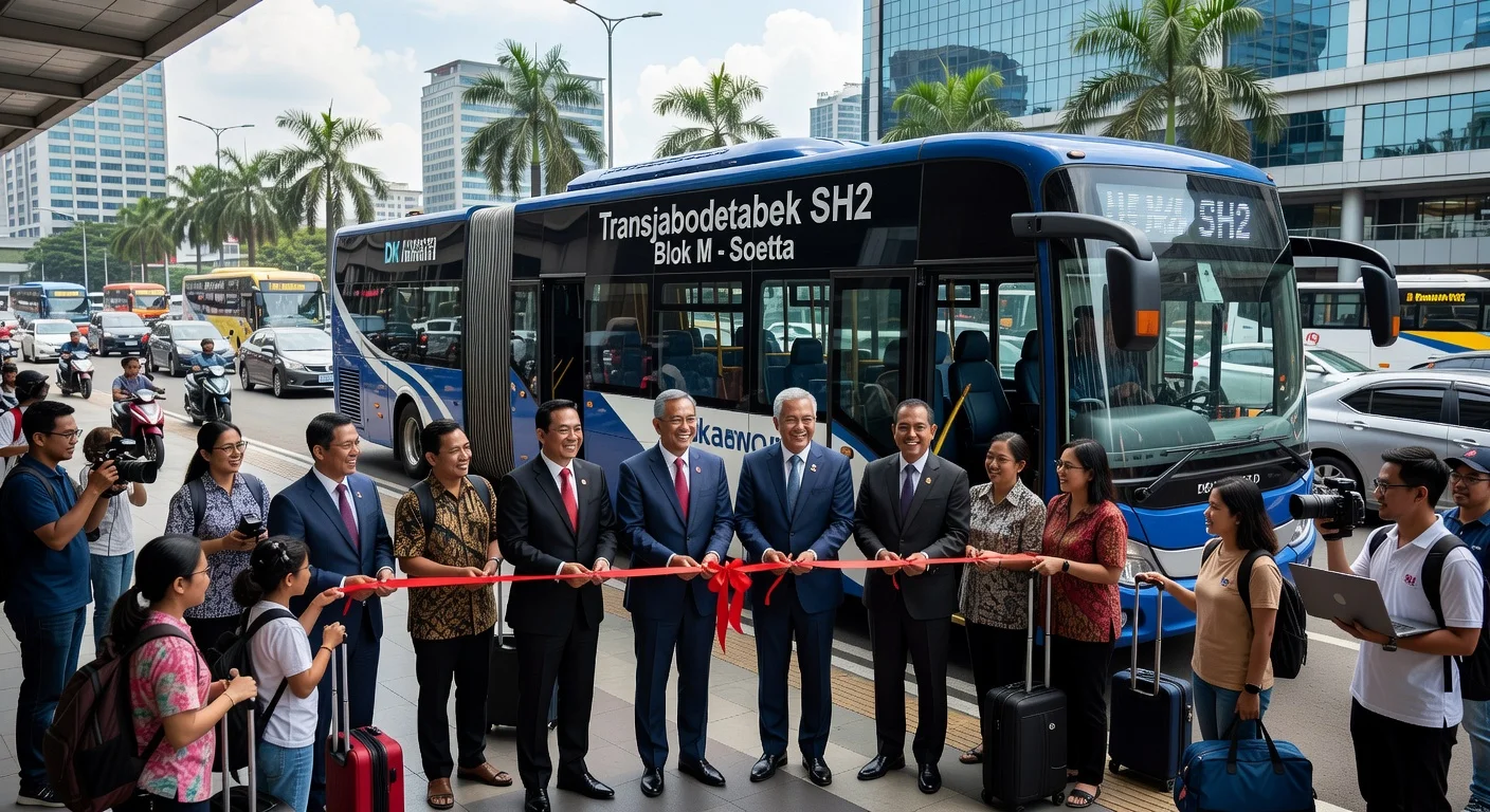 Launch ceremony of the new affordable Transjabodetabek SH2 bus route from Blok M to Soekarno-Hatta Airport, featuring officials and passengers at the terminal.