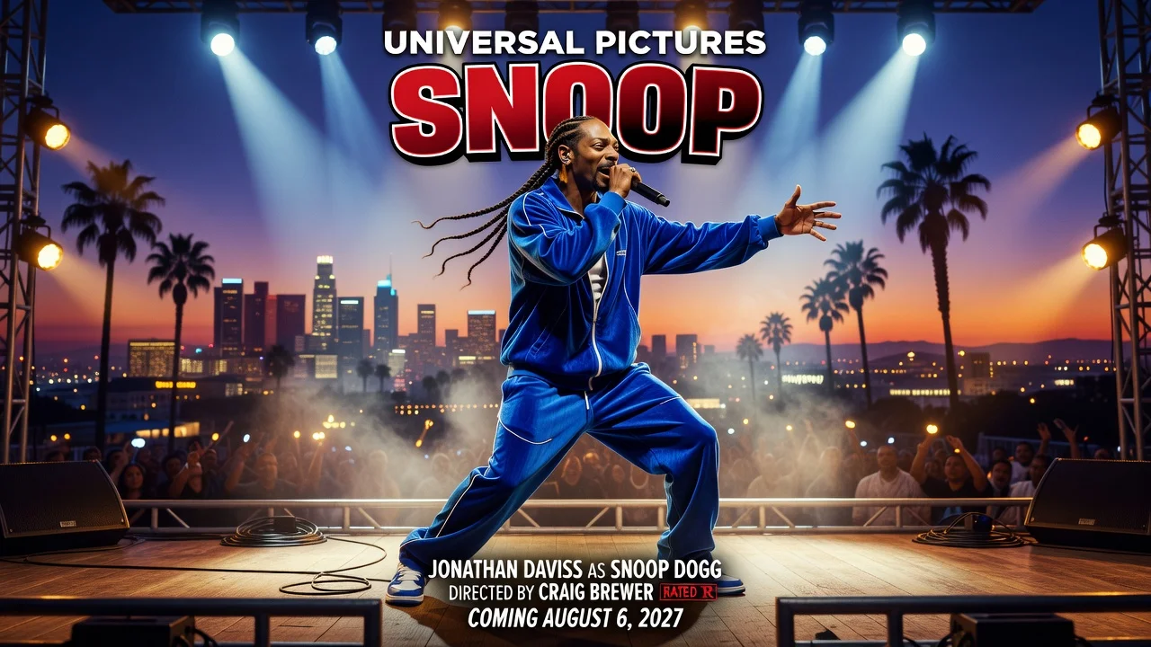 Movie poster illustration for the Snoop Dogg biopic Snoop releasing in 2027 starring Jonathan Daviss.