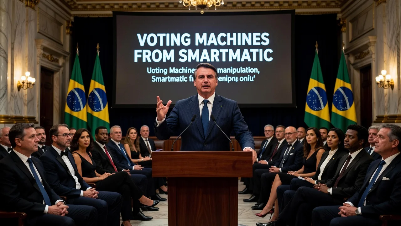 Illustration of Senator Flávio Bolsonaro spreading false information about voting machines during a diplomats event in Brasília.