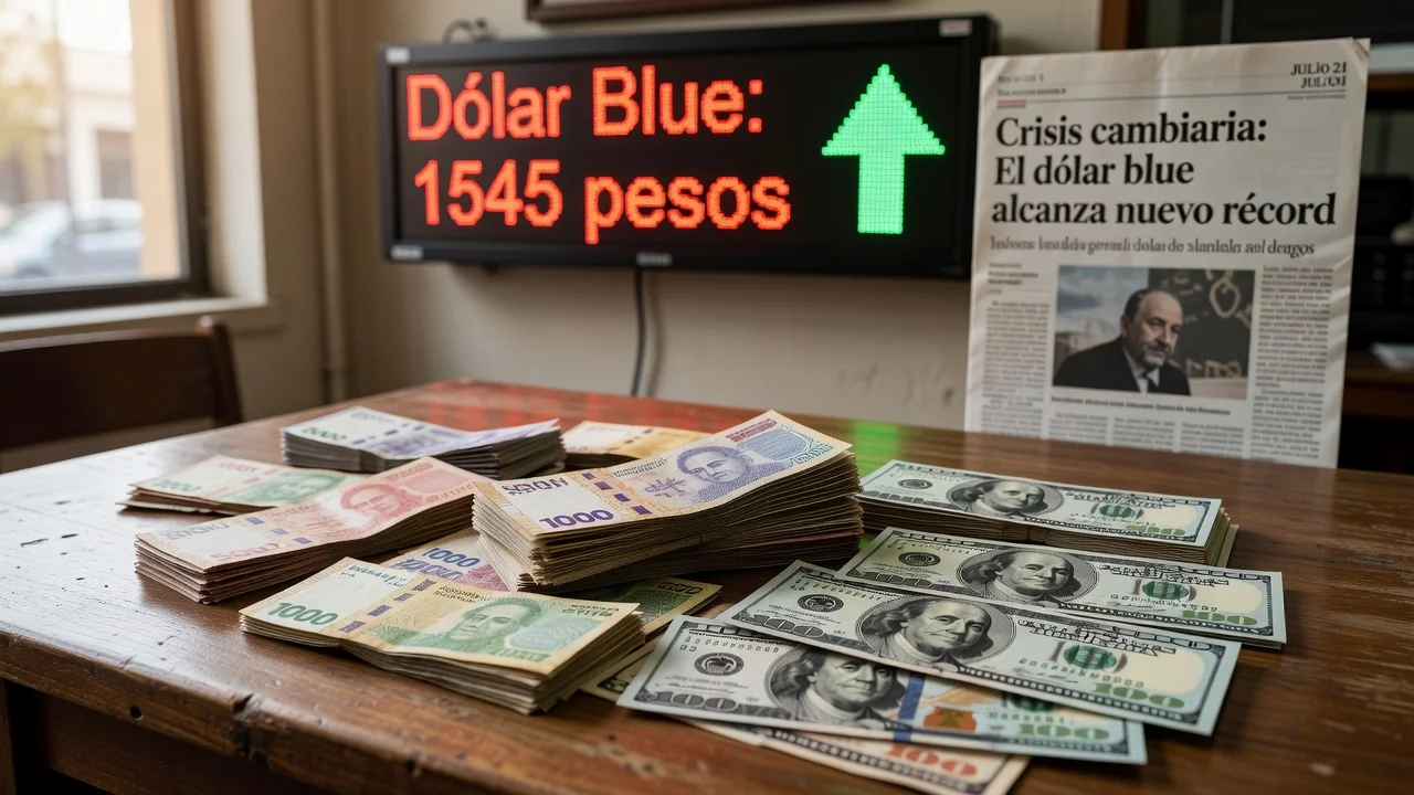 Realistic image of pesos and dollars with a rising blue dollar rate display at 1545 pesos