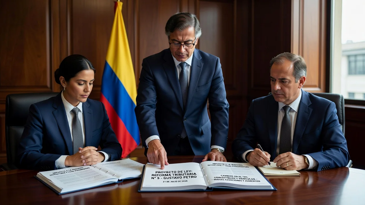 Illustration of Colombian government presenting tax reform bill with wealth tax and VAT changes.