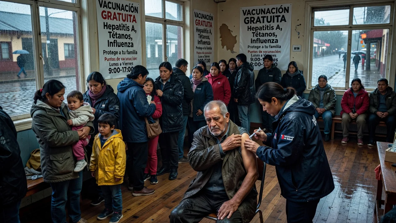 Healthcare workers vaccinating people in a rainy area due to expanded vaccination campaign for hepatitis A and influenza.