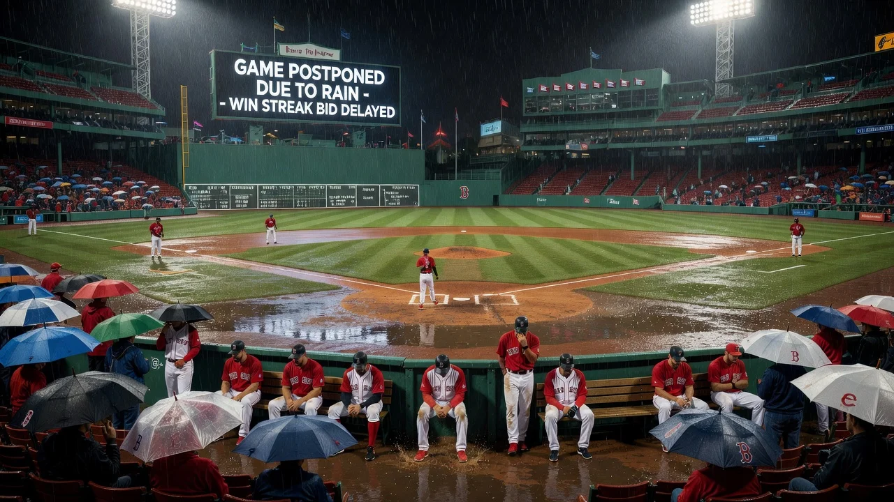 Illustration of a rain-delayed Red Sox baseball game at Fenway Park, showing the postponed match due to weather affecting their win streak.