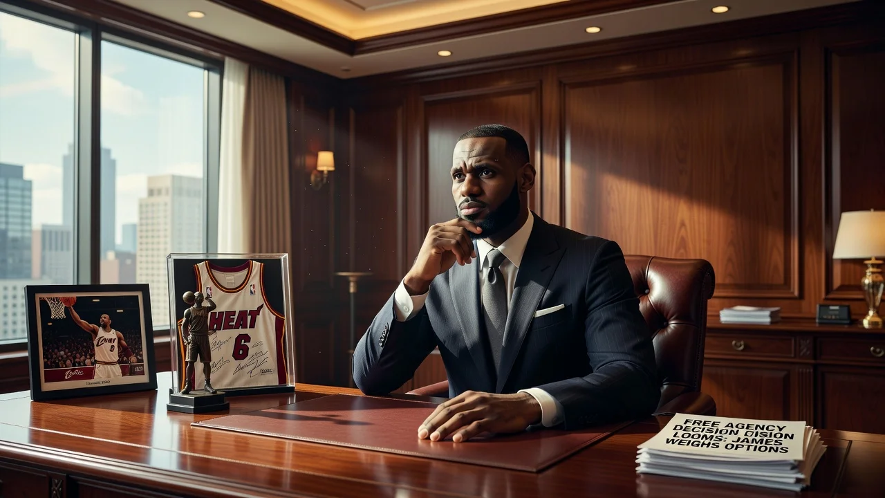 LeBron James sitting thoughtfully in an office, symbolizing his free agency decision.
