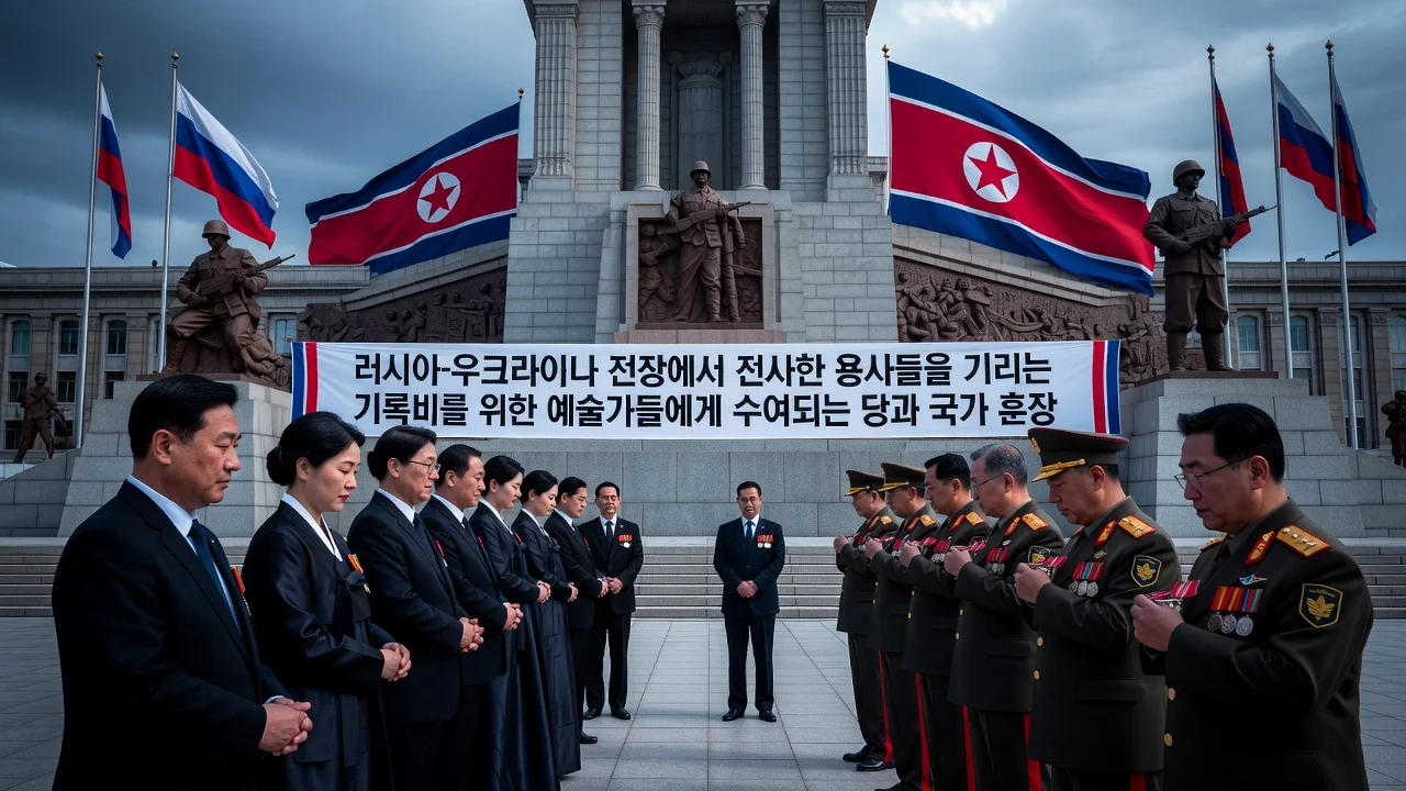 North Korean artists receiving awards for a memorial to soldiers in the Russia-Ukraine war.