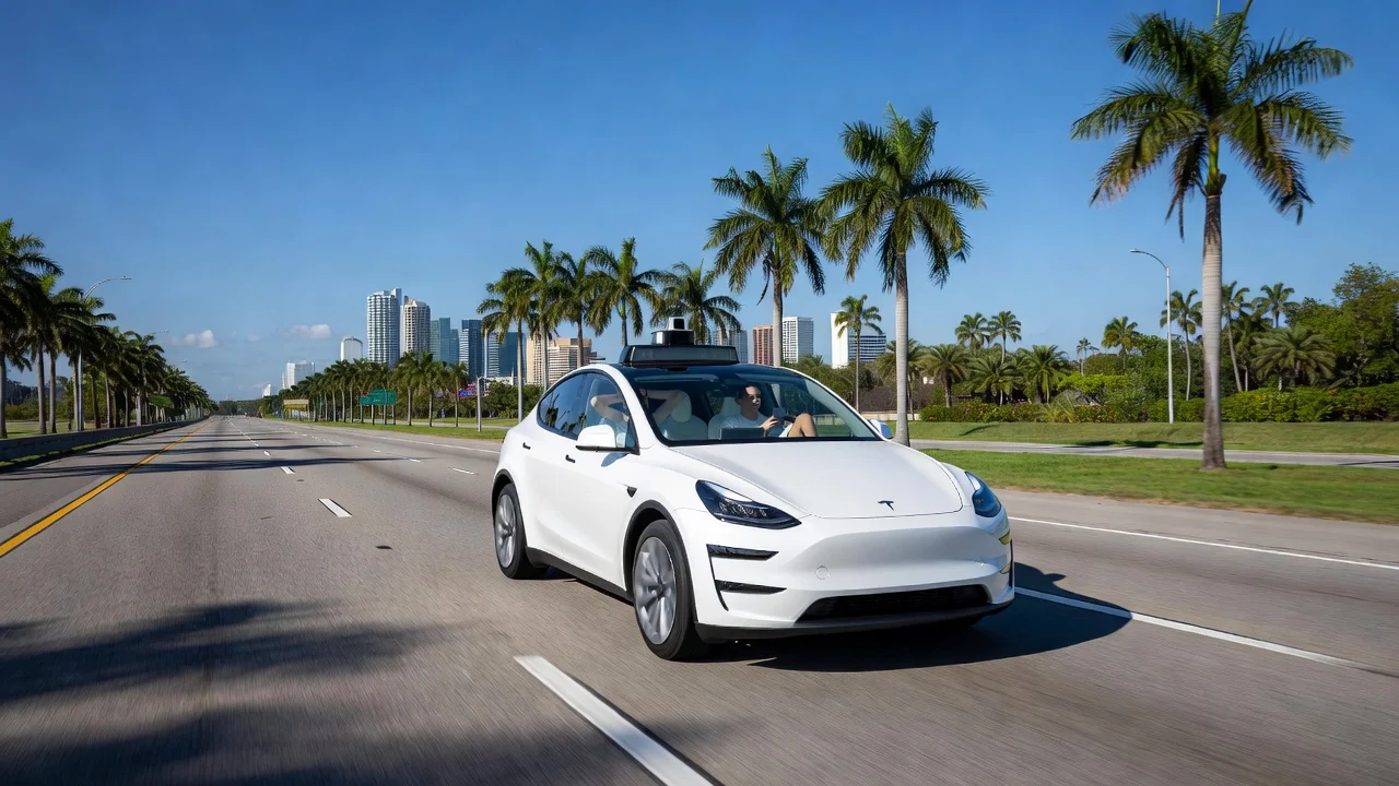 Tesla Model Y Robotaxi driving autonomously on a Florida highway