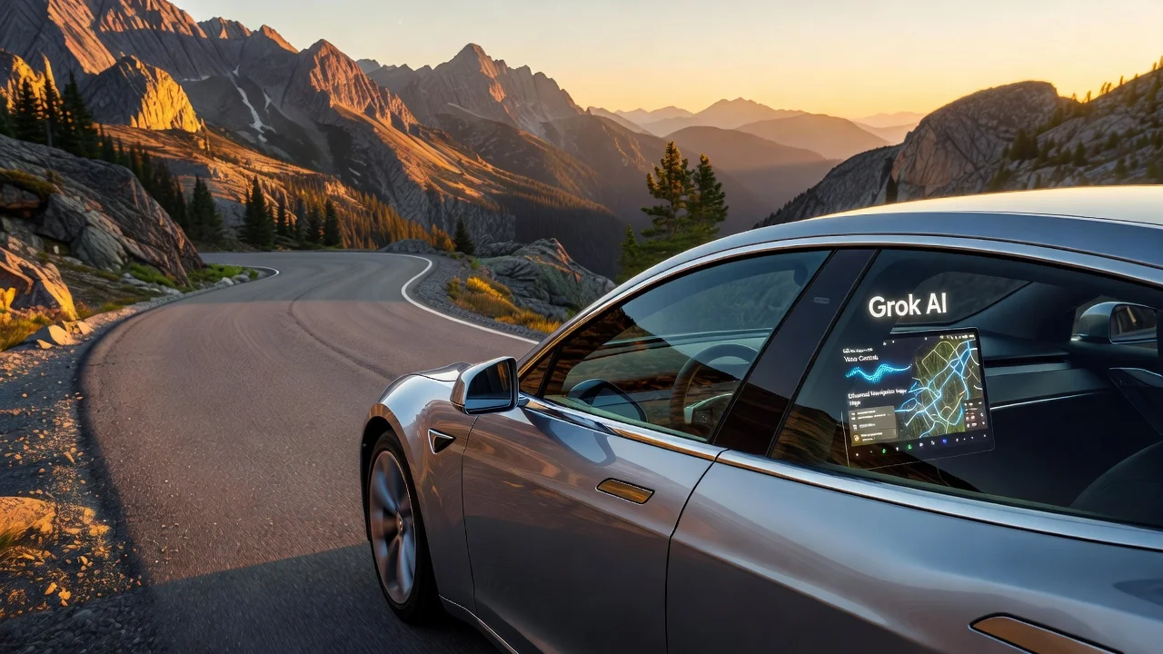 Tesla vehicle showcasing new AI software features in a realistic driving scene