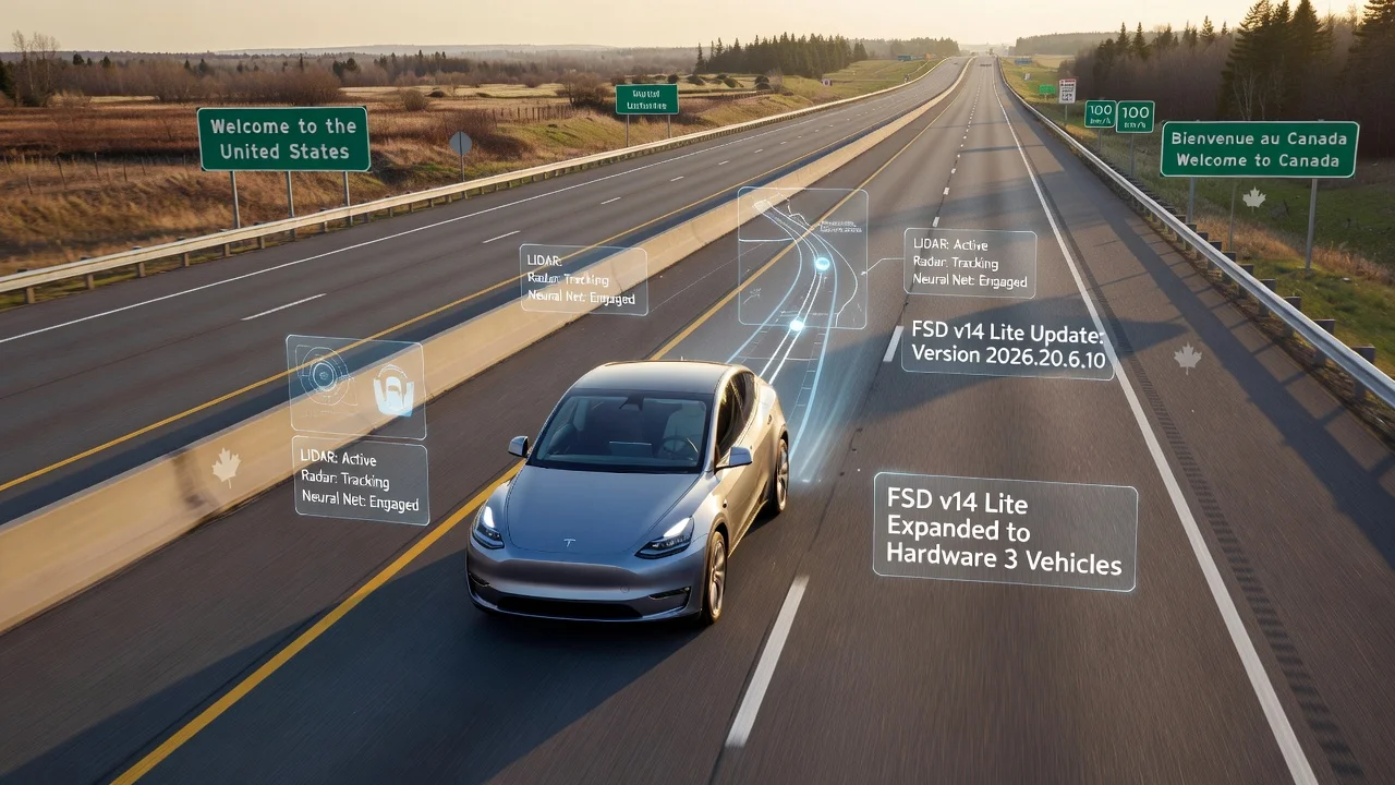 Tesla vehicle on highway demonstrating FSD 14 Lite rollout