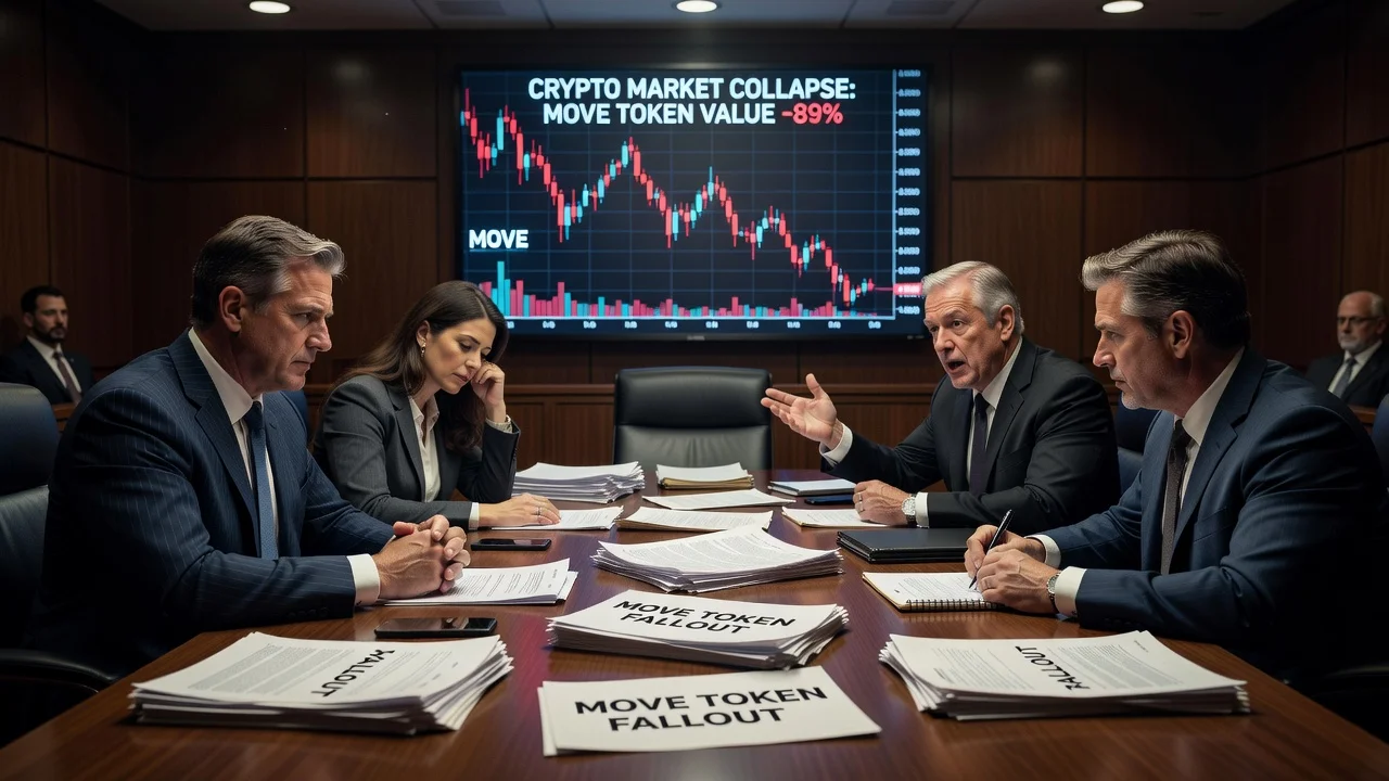 Realistic courtroom illustration of Movement Labs Chapter 11 bankruptcy with legal papers and falling MOVE token chart
