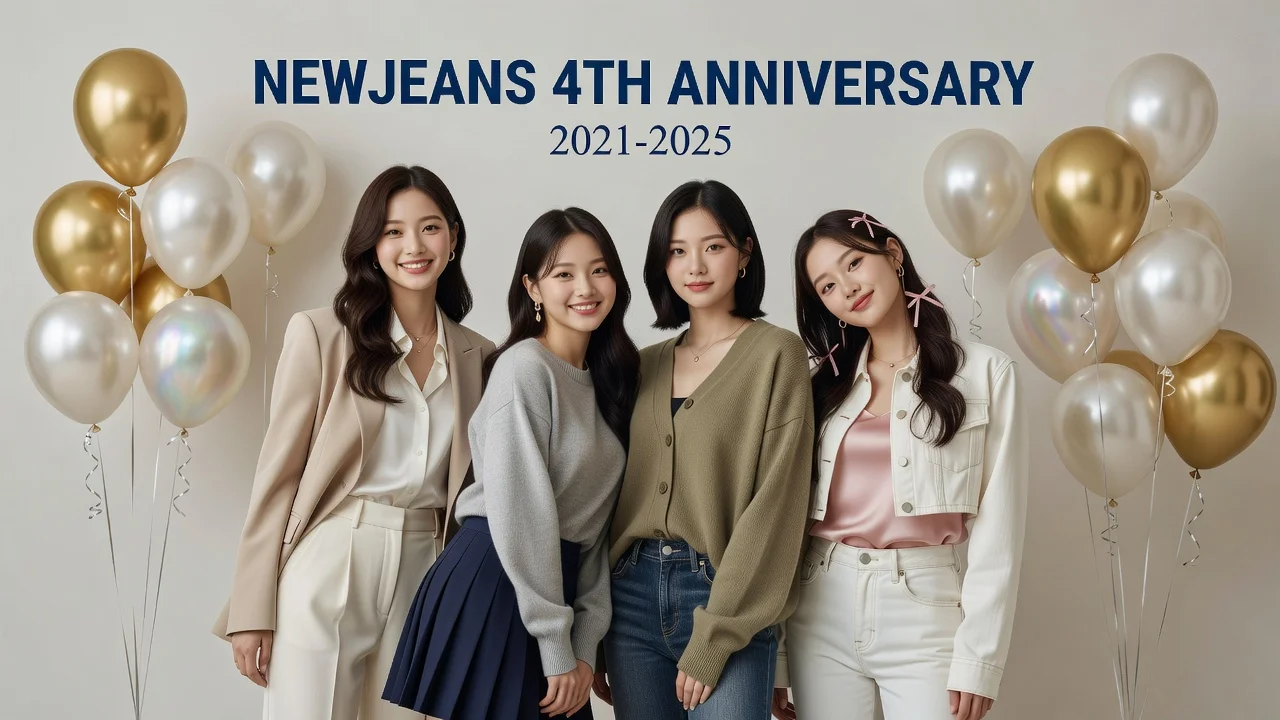 Realistic photo of NewJeans members Minji, Hanni, Haerin, and Hyein celebrating their fourth anniversary.