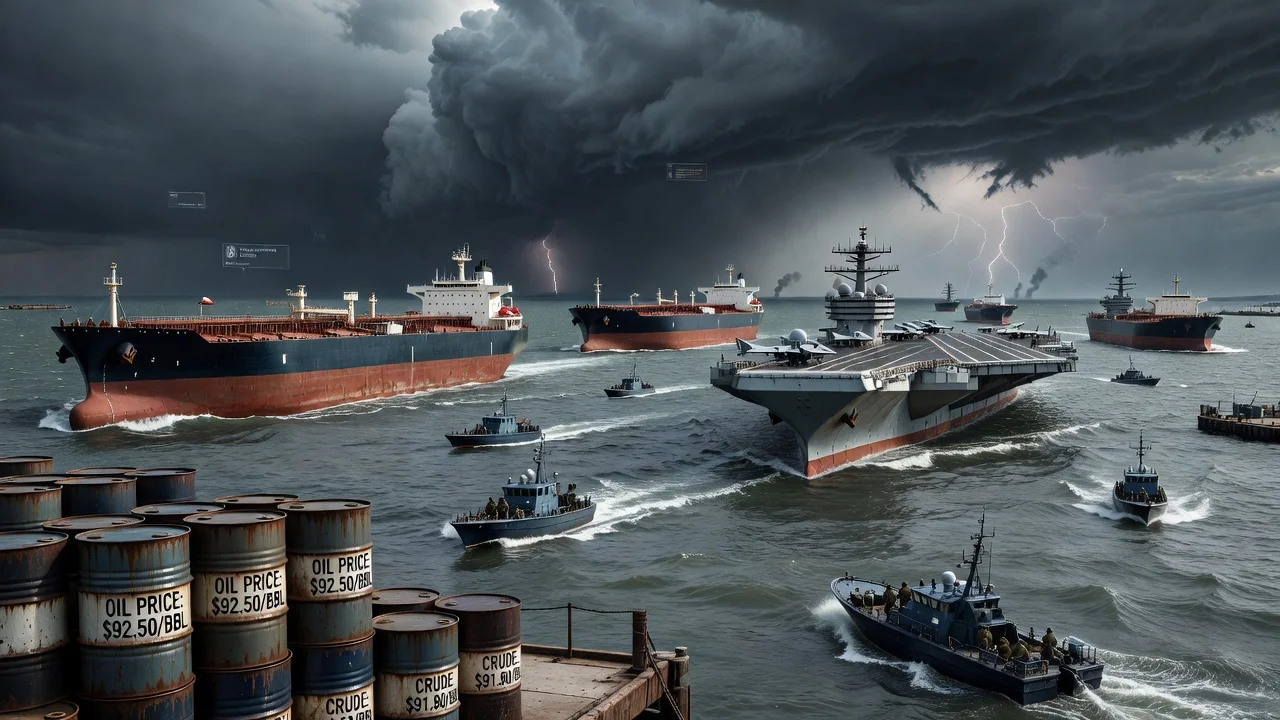 Oil tankers in the Strait of Hormuz with naval ships and rising oil prices depicted.