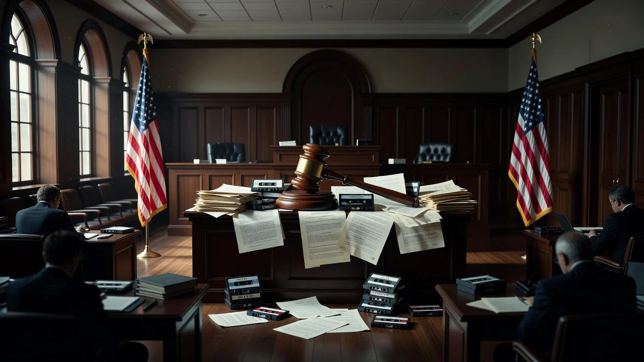A courtroom scene depicting a judge's ruling on the release of Biden's ghostwriter interview recordings.
