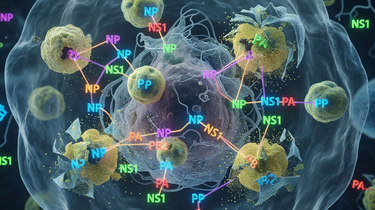 Illustration of influenza A virus disrupting nuclear paraspeckles via protein interactions in an infected human cell nucleus.