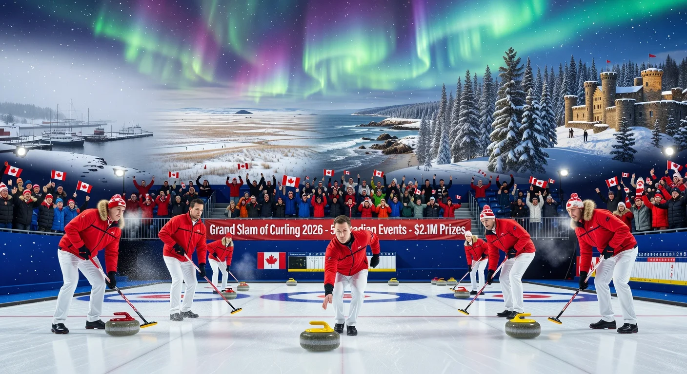 Vibrant illustration of curling action from the 2026 Grand Slam of Curling, featuring Canadian teams and event cities.