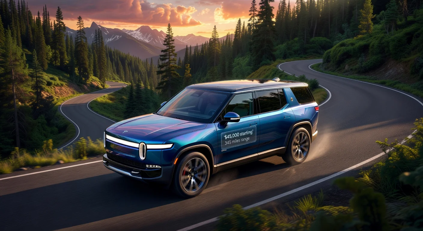 Rivian R2 electric SUV on mountain road with $45,000 price and 345-mile range overlay, news illustration.