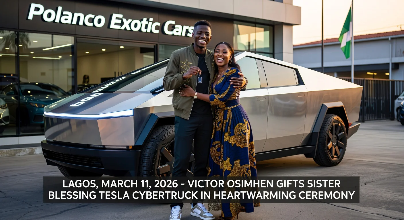 Victor Osimhen joyfully gifting his sister Blessing a Tesla Cybertruck, captured in a realistic family moment outside a luxury dealership.