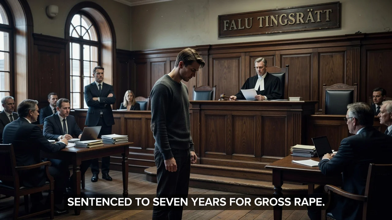 Courtroom illustration of a sentencing for gross rape in Falu District Court