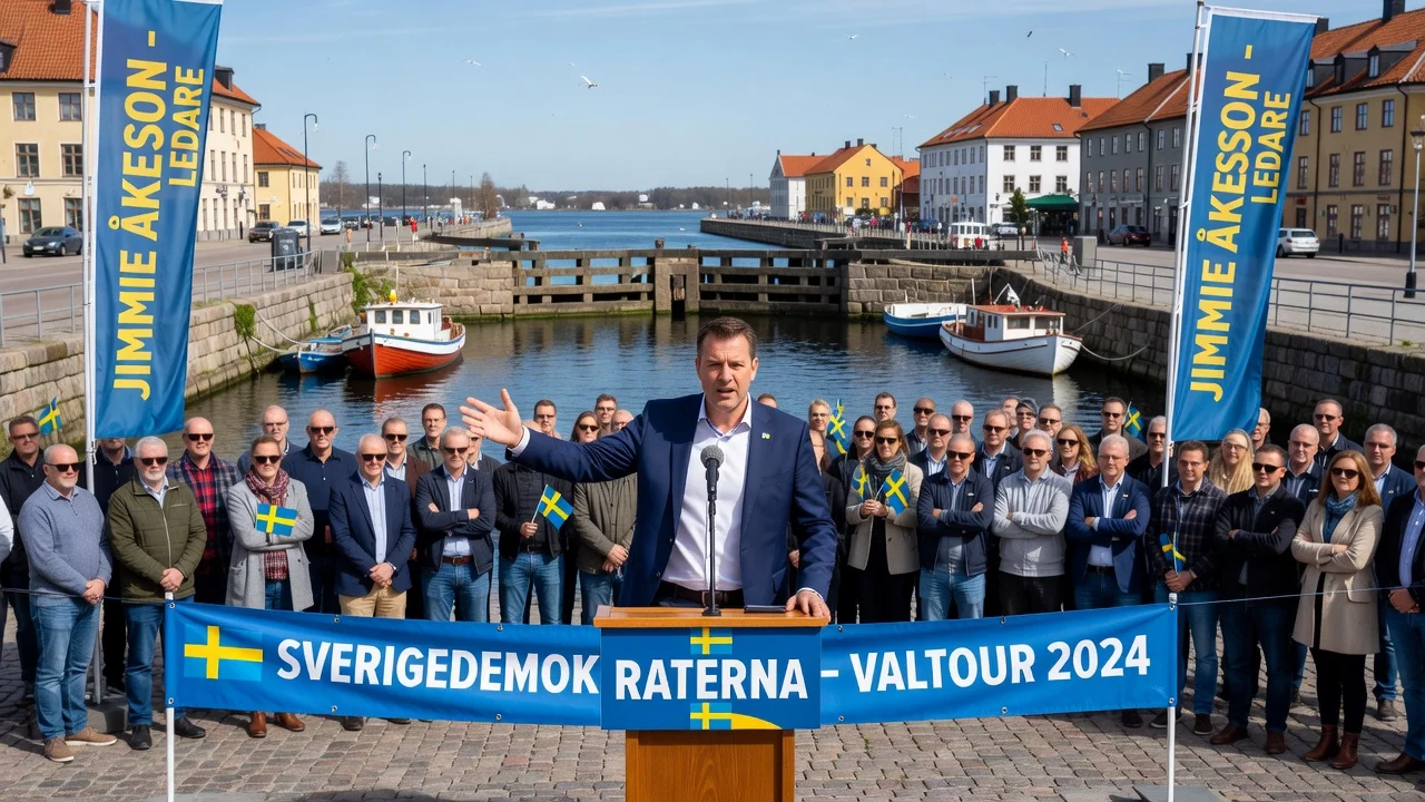 Jimmie Åkesson speaking at the Sweden Democrats election tour launch by the Göta Canal in Söderköping.