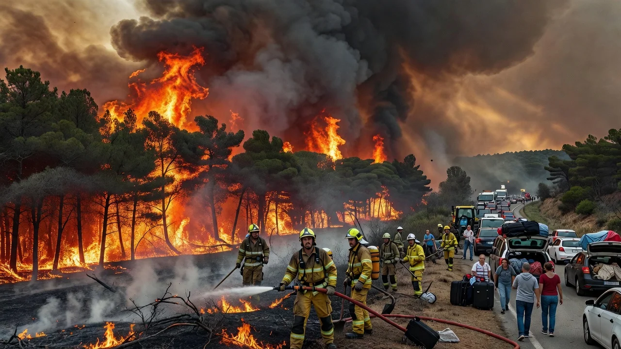 Wildfires burning in Madrid and Ávila regions during national emergency, with firefighters and evacuations.