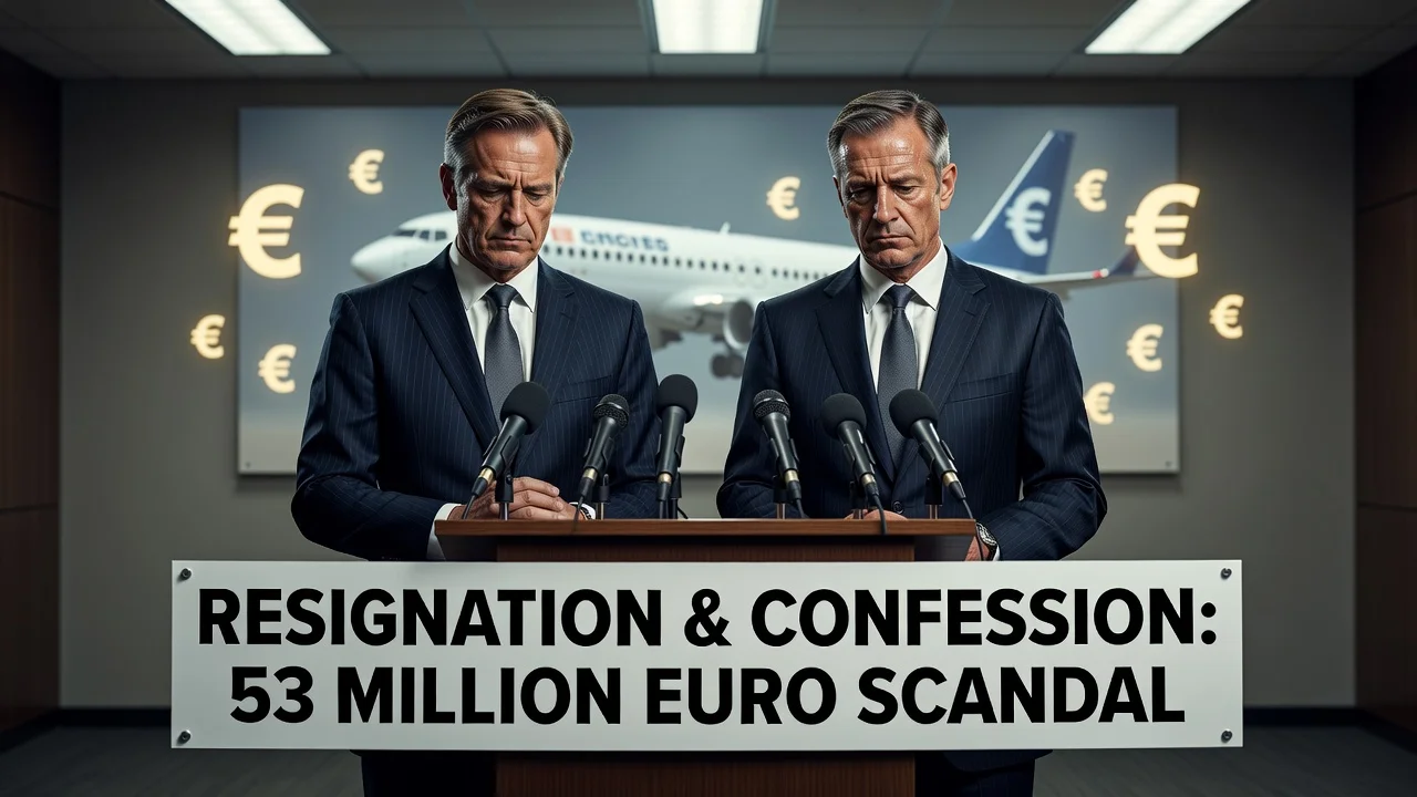 Two airline executives resigning at a press conference after admitting to commission on rescue funds.